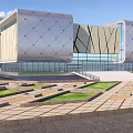 Modern Building With Geometric Facade Silver Beige Exterior Glass Windows Spacious Plaza And Green Lawns