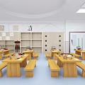 Spacious School Classroom Interior Featuring Organized Desks Chairs And Bookshelves Layout 3d model