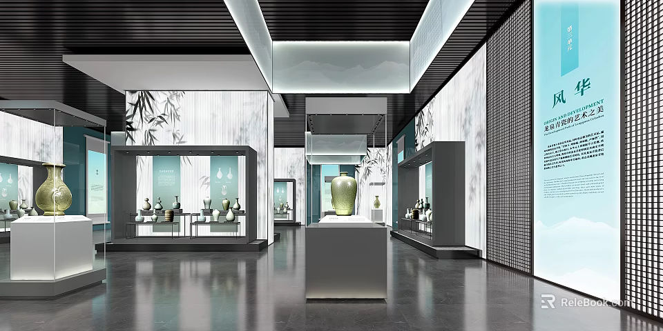 Traditional Exhibition Hall Interior With Glass Display Cabinets Green Vase And Bamboo Decor 3d model 