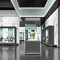 Traditional Exhibition Hall Interior With Glass Display Cabinets Green Vase And Bamboo Decor