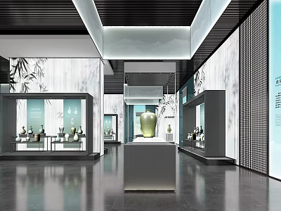 Traditional Exhibition Hall Interior With Glass Display Cabinets Green Vase And Bamboo Decor 3d model