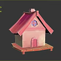 Pink Miniature House Model With Sloped Roof Red Door And Chimney