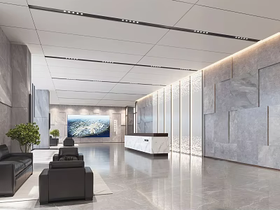 Modern Reception Desk in Spacious Lobby with Gray Marble Walls Sofa Seating and Green Plants 3d model