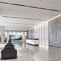 Modern Reception Desk in Spacious Lobby with Gray Marble Walls Sofa Seating and Green Plants