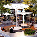 Vibrant Plaza Landscape Featuring White Canopies Seating Areas Green Trees And Pedestrians