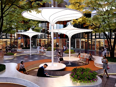 Vibrant Plaza Landscape Featuring White Canopies Seating Areas Green Trees And Pedestrians 3d model