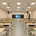Modern School Classroom Featuring Rows Of Desks Blackboard And Multimedia Screen