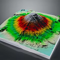 Modern 3D Volcanic Terrain Model Featuring Colorful Contour Lines And Topographic Details