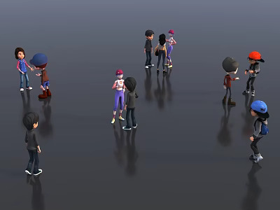 Group of People in Various Poses Interacting on Reflective Indoor Floor 3d model