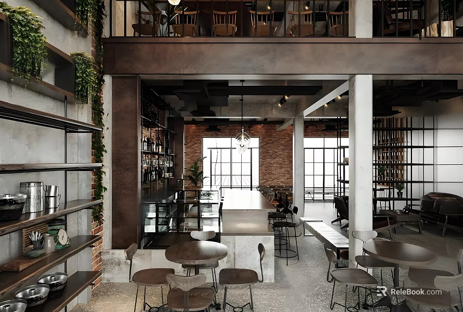 Industrial Style Café Interior Design With Brick Wall Green Plants And Wooden Tables 3d model 