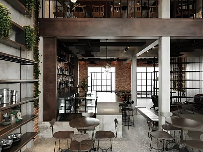 Industrial Style Café Interior Design With Brick Wall Green Plants And Wooden Tables 3d model