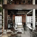 Industrial Style Café Interior Design With Brick Wall Green Plants And Wooden Tables