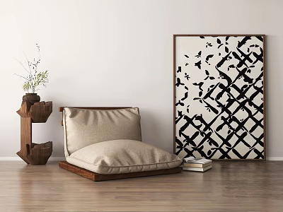 Beige Cushion Floor Lounge Chair With Wooden Side Table And Black White Geometric Wall Art 3d model