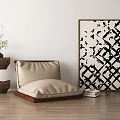 Beige Cushion Floor Lounge Chair With Wooden Side Table And Black White Geometric Wall Art