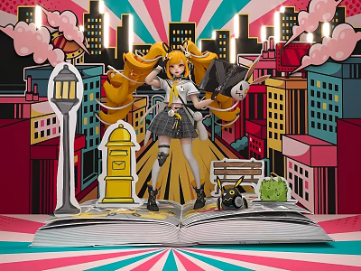 Anime Style Photo Spot With Open Book And Cityscape 3d model