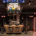 Modern Bar Interior Design With Neon Lights Bar Counter Wine Racks Posters And Large Screen
