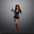 Vintage Pinup Woman In Blue Uniform Red Hairband Red Heels Holding Tray Beverage Bottle