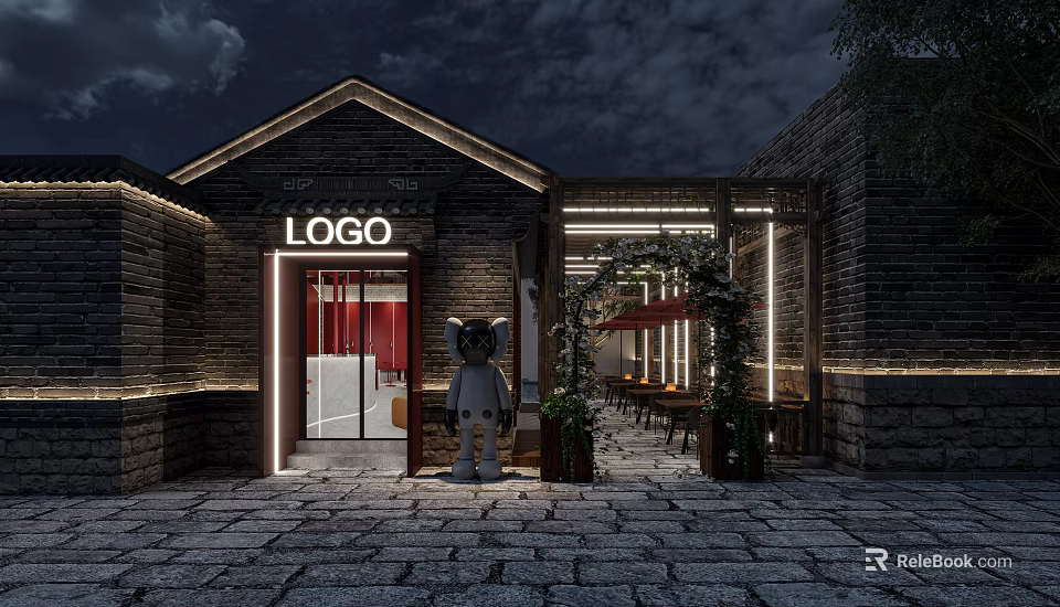 Traditional Brick Restaurant Exterior With Neon LOGO Sign Entrance Doll Green Plants And Stone Pavement 3d model 