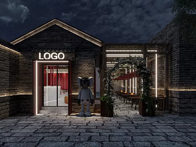 Traditional Brick Restaurant Exterior With Neon LOGO Sign Entrance Doll Green Plants And Stone Pavement 3d model