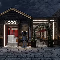 Traditional Brick Restaurant Exterior With Neon LOGO Sign Entrance Doll Green Plants And Stone Pavement