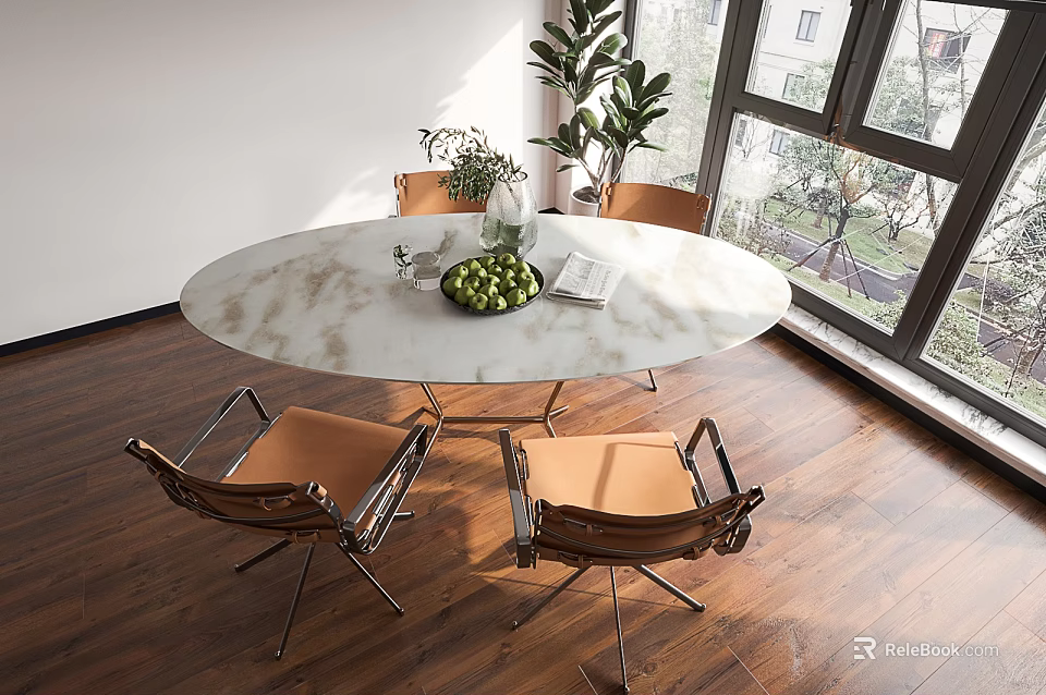 Elegant Round Marble Dining Table Set With Four Chairs And Green Plant Near Window 3d model 