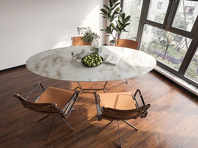 Elegant Round Marble Dining Table Set With Four Chairs And Green Plant Near Window 3d model