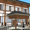 Chinese Style Hotel Building With Two Story Wooden Frame White Walls Balconies And Pool