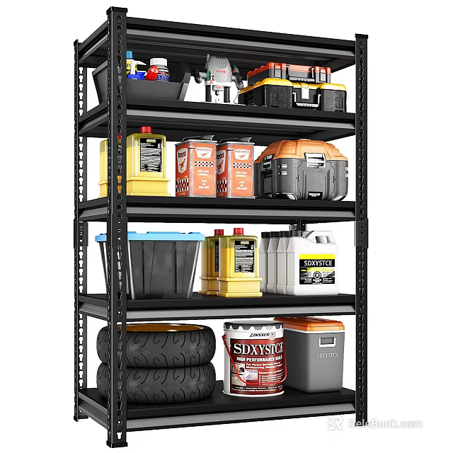 Sturdy Heavy Duty Shelf With Toolboxes Jars Buckets And Tires For Garage Storage 3d model 