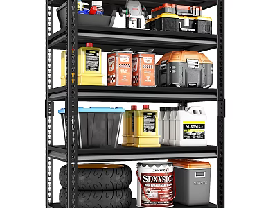 Sturdy Heavy Duty Shelf With Toolboxes Jars Buckets And Tires For Garage Storage 3d model
