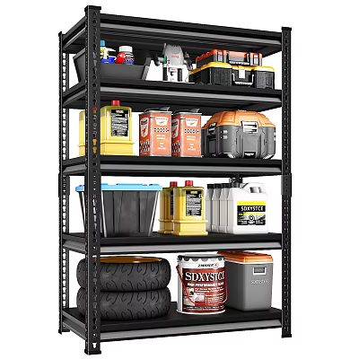 Sturdy Heavy Duty Shelf With Toolboxes Jars Buckets And Tires For Garage Storage 3d model