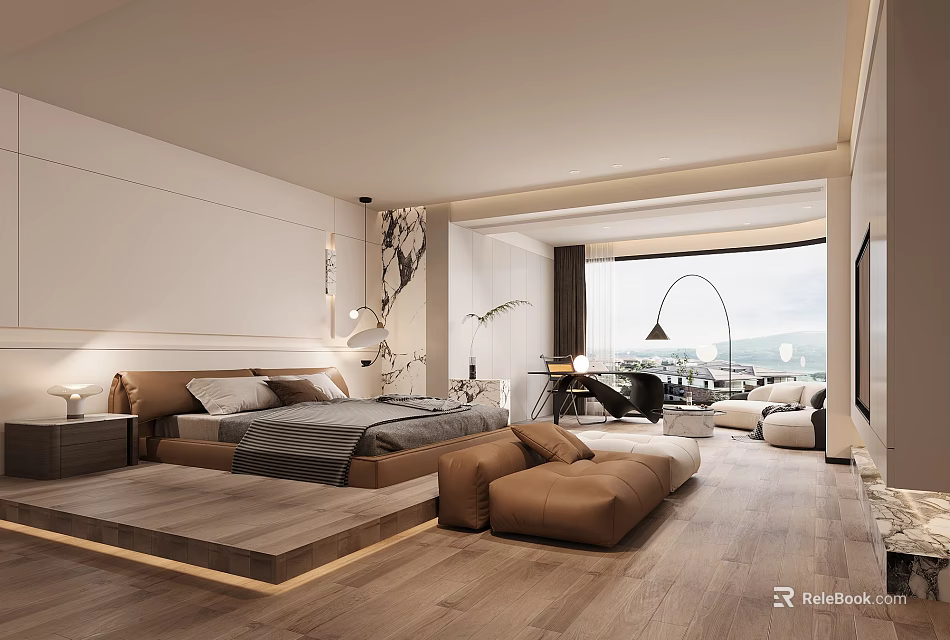 Modern Bedroom Interior With King Bed Wooden Flooring And Floor To Ceiling Window View 3d model 