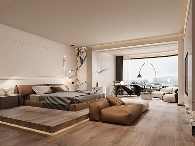 Modern Bedroom Interior With King Bed Wooden Flooring And Floor To Ceiling Window View 3d model