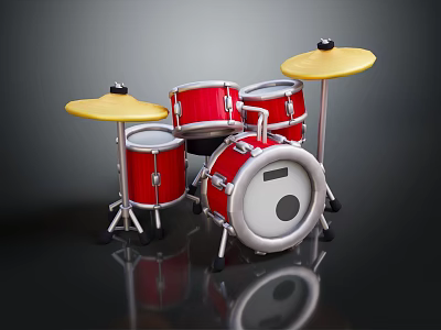 Professional Red Drum Set With Multiple Drums And Yellow Cymbals On Metal Stand 3d model