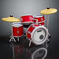 Professional Red Drum Set With Multiple Drums And Yellow Cymbals On Metal Stand