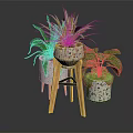 Potted Green Plants In Speckled Pots On Wooden Tripod Stand With Dark Reflective Surface Arrangement