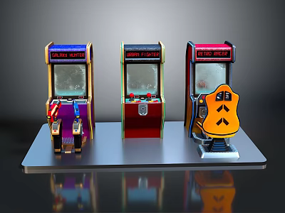 Three Colorful Computer Arcade Machines With Space Invaders Theme And Character Designs On Silver Base 3d model