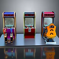 Three Colorful Computer Arcade Machines With Space Invaders Theme And Character Designs On Silver Base