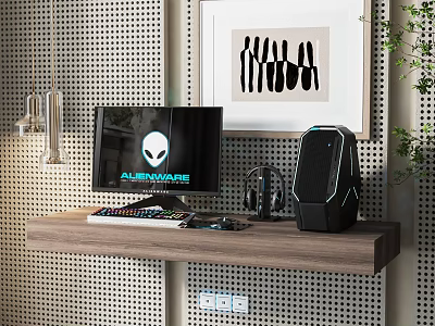 Wall Mounted Wooden Desk With Alienware Monitor Headphones Tower Abstract Artwork Green Plant 3d model
