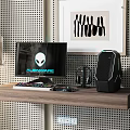 Wall Mounted Wooden Desk With Alienware Monitor Headphones Tower Abstract Artwork Green Plant