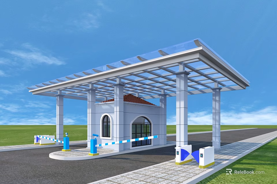 Modern Entrance Gate With Glass Roof White Pillars And Barrier Gates On Paved Ground 3d model 