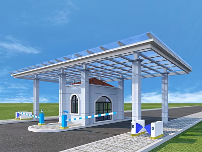Modern Entrance Gate With Glass Roof White Pillars And Barrier Gates On Paved Ground 3d model