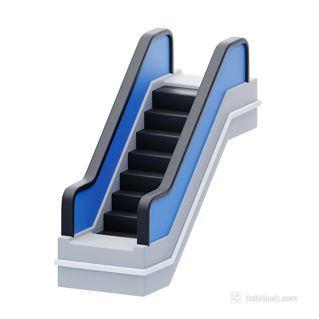 Modern Escalator With Blue Handrails And Black Steps In Public Building 3d model 