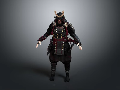 Traditional Samurai Armor With Ornate Helmet Metal Plates And Red Straps 3d model