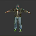 Masked Man in Black Leather Jacket Blue Jeans Arms Outstretched on Gray Reflective Floor Background
