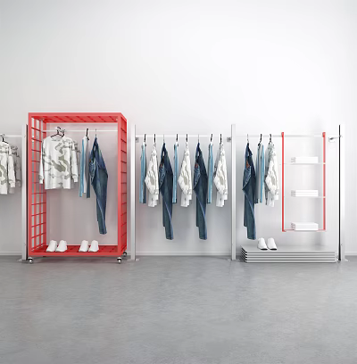 Red And White Clothes Racks With Hanging Shirts Jeans Shoes On Lower Shelves 3d model