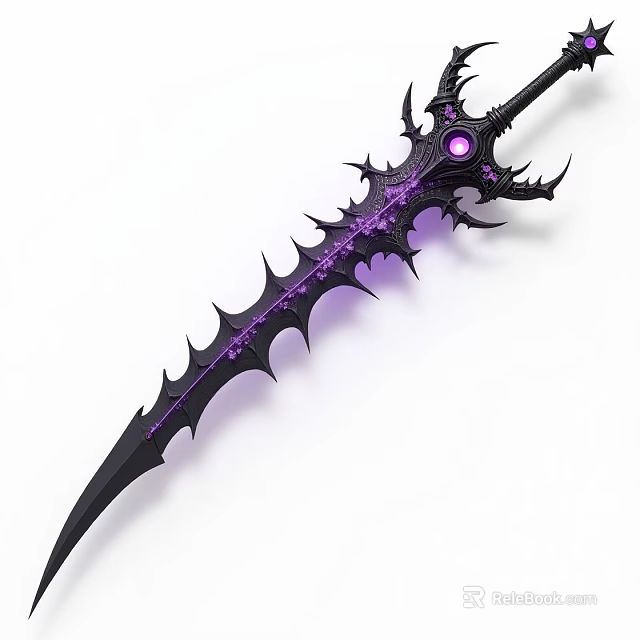 Ornate Fantasy Spiked Sword With Black Purple Design And Purple Gemstone Decoration 3d model 