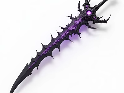 Ornate Fantasy Spiked Sword With Black Purple Design And Purple Gemstone Decoration 3d model