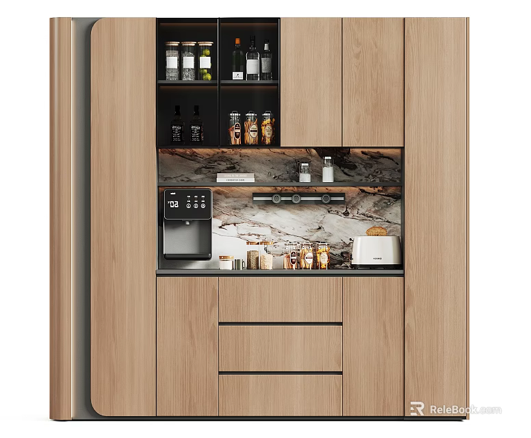 Modern Wooden Wine Cabinet With Marble Countertop Wine Bottles Drawers And Appliances 3d model 