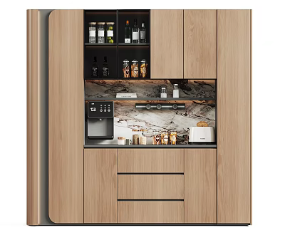 Modern Wooden Wine Cabinet With Marble Countertop Wine Bottles Drawers And Appliances 3d model