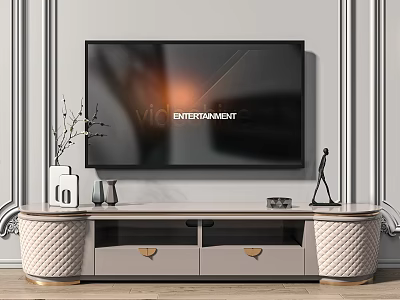 Modern TV Stand With Drawers Decorative Vase Sculpture And Wall Mounted TV In Living Room 3d model